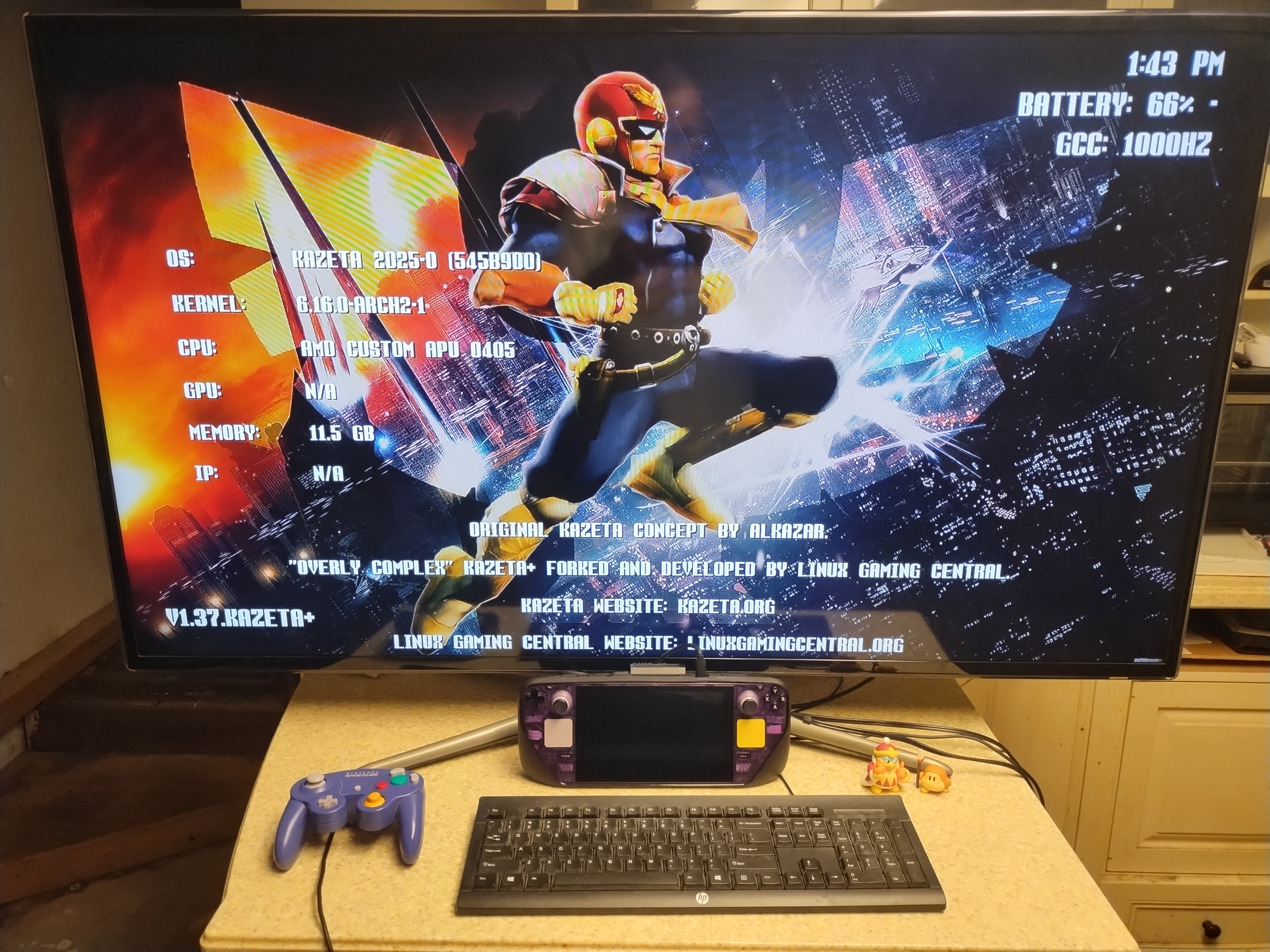 Steam Deck hooked up to TV with a GameCube controller