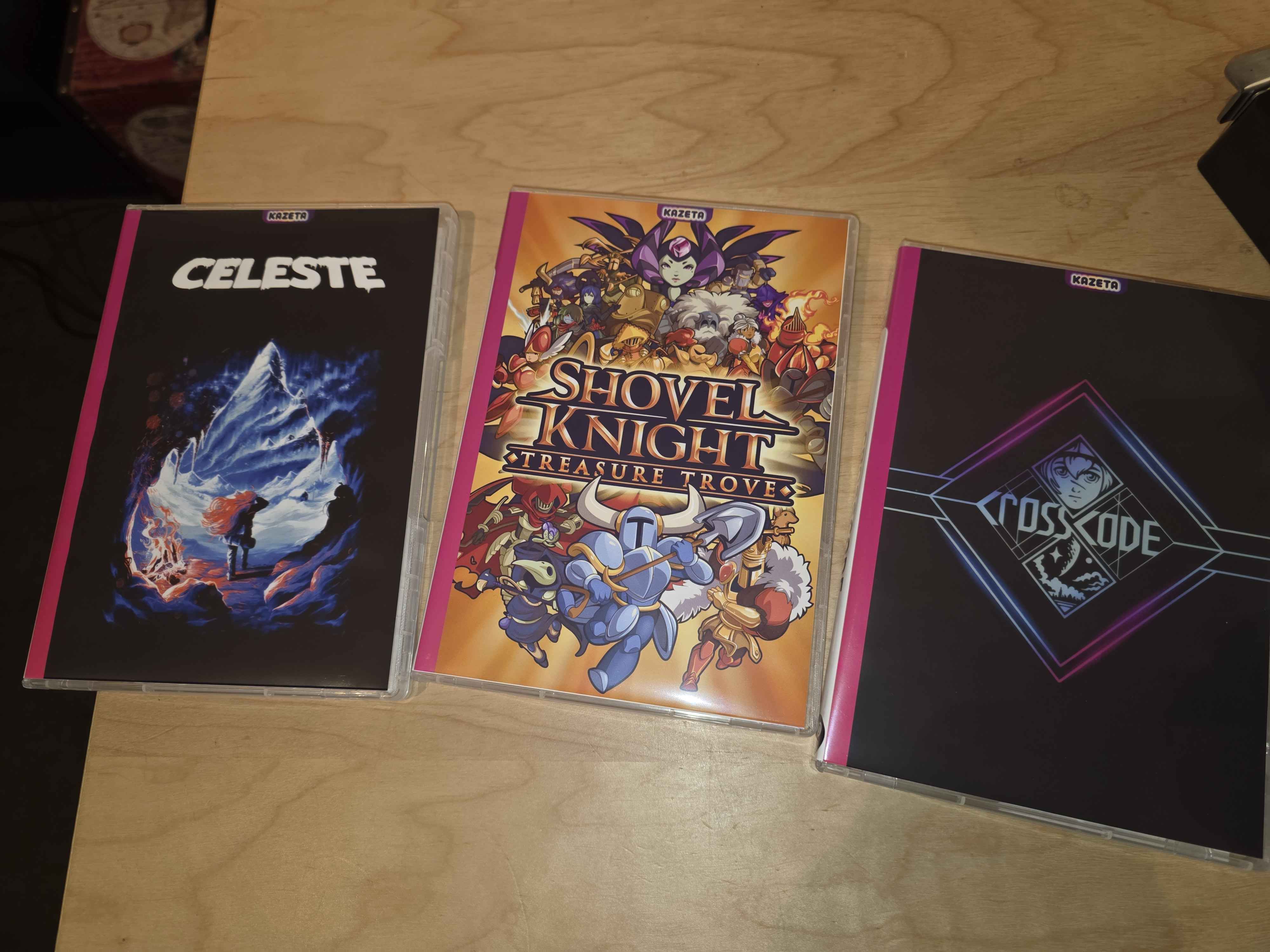 Celeste, Shovel Knight, and Crosscode - front covers